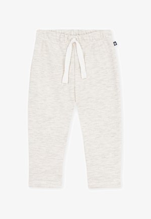 Hellgraue weiche Babyhose mit elastischem Bund und vorderem weißen Kordelzug, auf weißem Hintergrund dargestellt.