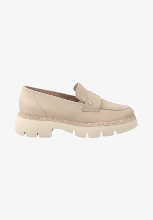 Beige leather loafers with a round toe, elastic strap, and textured beige outsole. Features subtle stitching and a small gold logo.