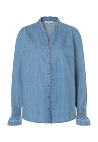 Hellblaues Denim-Hemd mit Stehkragen, Knopfverschluss vorne und gerafften Ärmelbündchen. Hat eine lockere Passform und eine weiche Textur.