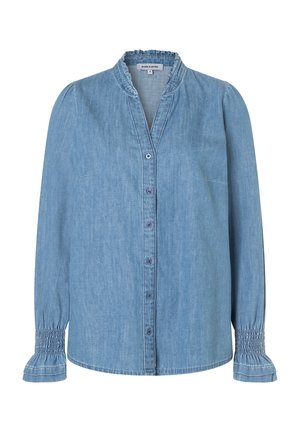 Hellblaues Denim-Hemd mit Stehkragen, Knopfverschluss vorne und gerafften Ärmelbündchen. Hat eine lockere Passform und eine weiche Textur.
