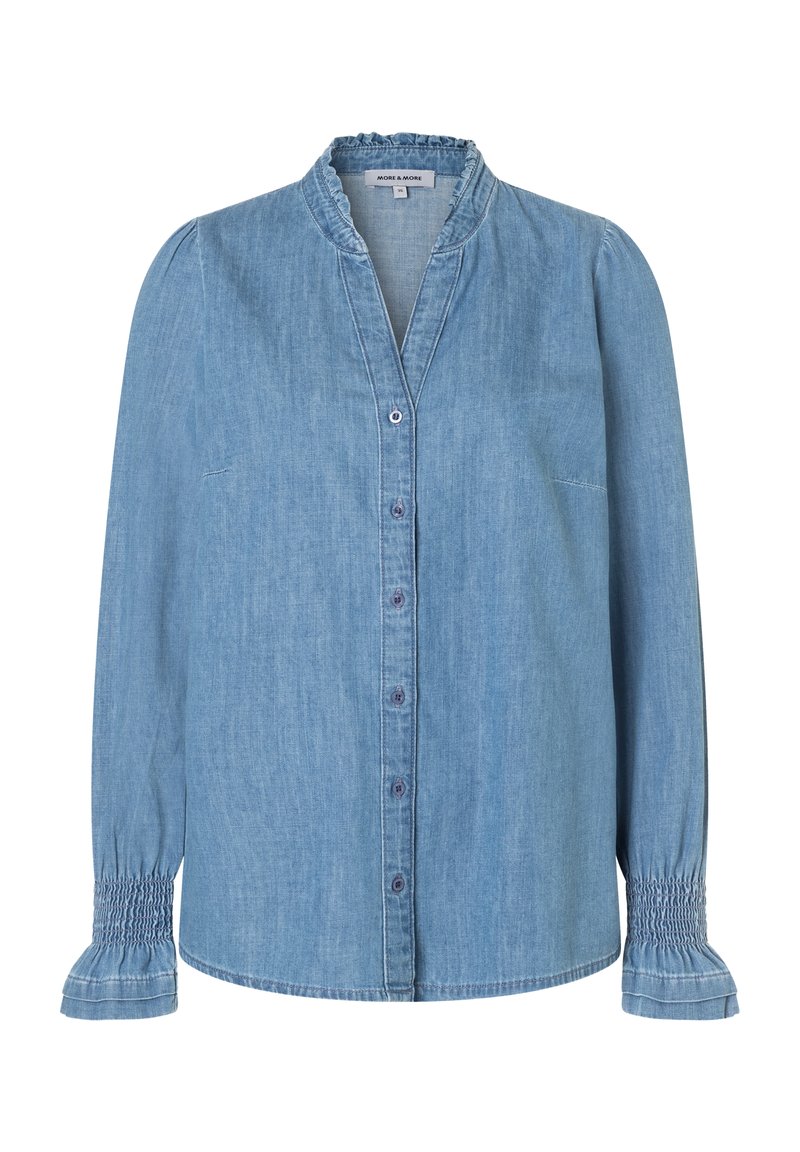 Hellblaues Denim-Hemd mit Stehkragen, Knopfverschluss vorne und gerafften Ärmelbündchen. Hat eine lockere Passform und eine weiche Textur.