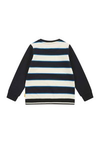 Camicia di cotone a maniche lunghe con righe orizzontali blu navy, bianche e azzurri chiari. Polsini e scollatura a coste; etichetta sul lato.