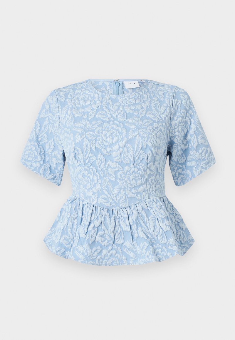 Blaues Peplum-Top aus strukturiertem Stoff, mit floraler Stickerei, kurzen Ärmeln und einem Reißverschluss auf der Rückseite.