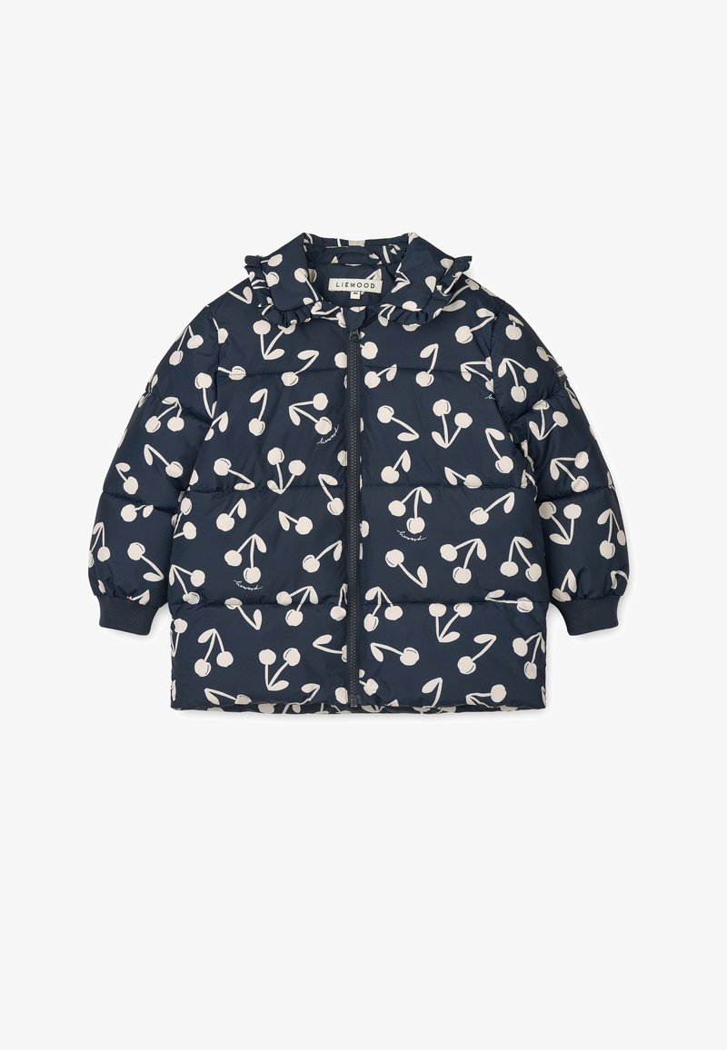 Tumši zila pūkaina jaka ar baltu ķiršu rakstu, ar rāvējslēdzēju priekšpusē, plīvojošu kapuci un elastīgām aprocēm. Pārbūvētā tekstūra uzlabo siltumu un komfortu.