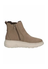Bottines beige en daim lisse avec une semelle épaisse blanche, dotées de double zip latéral pour un enfilage facile et un design minimaliste.