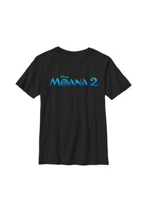 Zwart t-shirt met korte mouwen met blauwe "Disney Moana 2" tekst gecentreerd aan de voorkant.