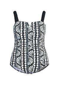 Maillot de bain une pièce noir et blanc avec des motifs floraux et en zigzag, des bretelles texturées et un décolleté en V à l'avant.
