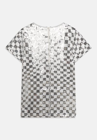 Short-sleeve top featuring a checkerboard pattern with silver and black sequins, round neckline, and a zip closure at the back.