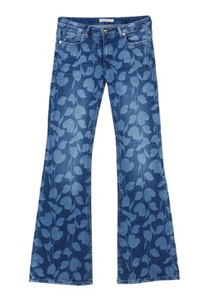 Jeans in denim svasato con un motivo floreale blu. Presentano cinque tasche, una chiusura con bottone e un lavaggio blu sbiadito.