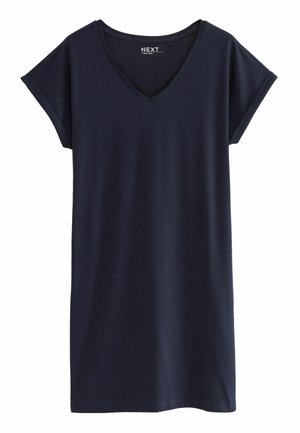 Granatowa sukienka T-shirt z krótkim rękawem i dekoltem w serek, z podwiniętymi mankietami, prostym dołem i metką "NEXT" wewnątrz kołnierza.