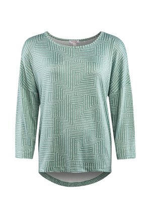 Langärmliges, mintgrünes Oberteil mit weiß gepunktetem, geometrischem Labyrinthmuster und rundem Ausschnitt, hinten etwas längerer Saum.