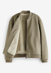 Brun bomberjakke med lynlåsfront, fyldig beige foring, ribbede manchetter og kant, samt dybe sidelommer. Blød stoftekstur hele vejen igennem.