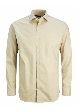 Beige langsemige button-up shirt van gladde stof, met een puntig kraag, een voorpan met knopen en een getailleerde pasvorm.
