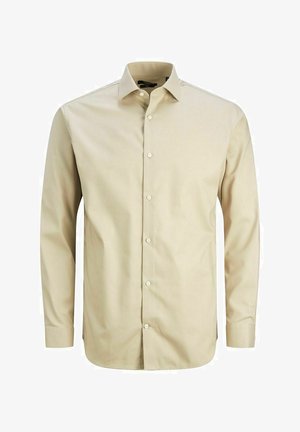 Smėlio spalvos ilgomis rankovėmis mygtukais užsegama marškiniai, pagaminti iš lygios medžiagos, su smailiu apykakle, priekinė įsiuvimo dalimi su mygtukais ir pritaikyta forma.