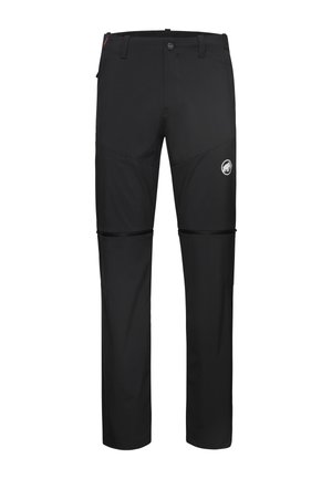 Black convertible outdoor pants with zipper at knees, belt loops, button closure, and white logo on upper right thigh.