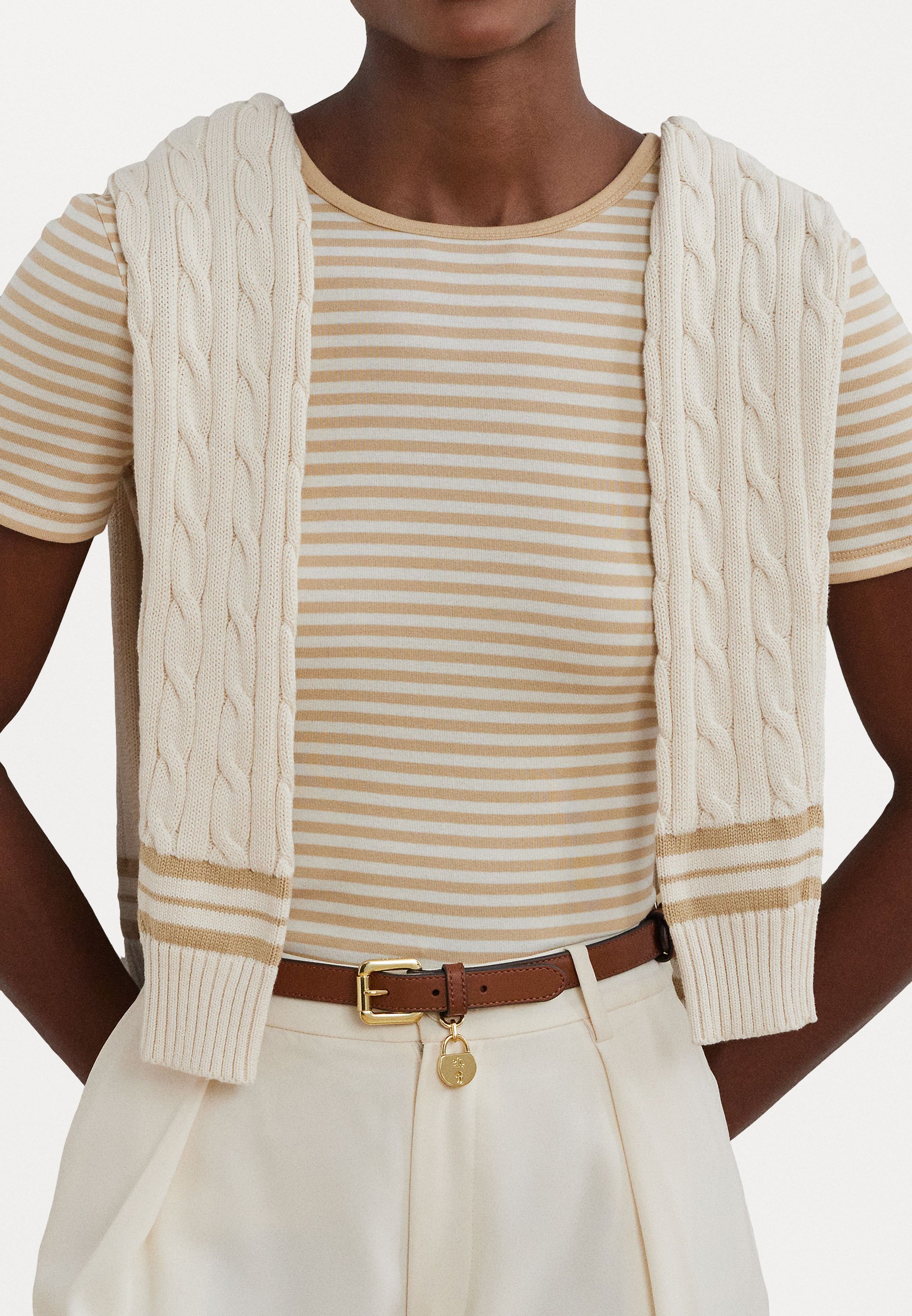 売れ筋商品|||ラルフローレン Tシャツ レディース トップス STRIPED STRETCH COTTON CREWNECK TEE - Print T-shirt - sand dune/mascarpone cream Ralph Lauren Striped Stretch Cotton Crewneck Tee Sand-Dune