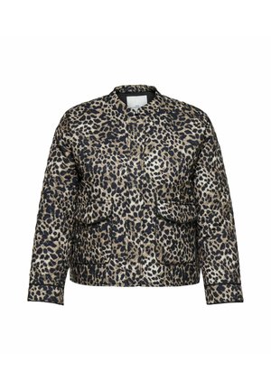Giacca in stampa leopardata con collo rotondo, due tasche anteriori e tessuto morbido. Presenta una base scura con macchie beige e marroni.