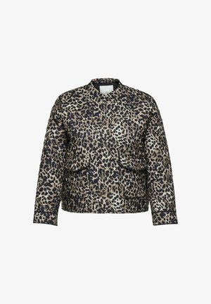 Jaguarprintjakke med rund krave, to forlommer og blødt stof. Har en mørk bund med beige og brune pletter.