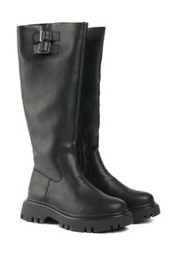 Black leather knee-high boots with two buckle accents, a side zipper, and a chunky, rugged sole patterned with lugs for traction.
