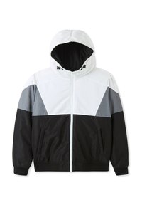 Giacca a blocchi di colore con pannelli bianchi, grigi e neri, cappuccio, tasche frontali e chiusura con zip. Realizzata in materiale leggero e resistente all'acqua.