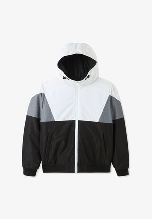 Giacca a blocchi di colore con pannelli bianchi, grigi e neri, cappuccio, tasche frontali e chiusura con zip. Realizzata in materiale leggero e resistente all'acqua.