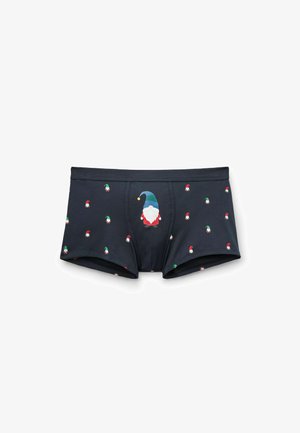 Boxers en bleu foncé en coton, ornés de petits gnomes imprimés et d'un plus grand graphisme de gnome à l'avant.