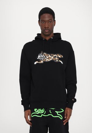 Black hoodie featuring a leopard graphic with bold outlines and a playful expression. Includes a kangaroo pocket and drawstring hood.