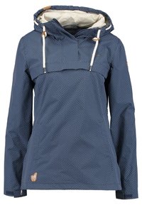 Granatowa bluza typu pullover z białymi kropkami, z kapturem na sznurku, kieszenią kangurką oraz naszywką z logo na dolnej lewej stronie.