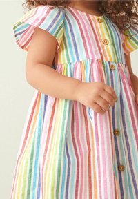 Bunt gestreiftes Kleid in sanften Farben von Rosa, Blau, Grün und Gelb, mit Knöpfen an der Vorderseite und kurzen, schwingenden Ärmeln.