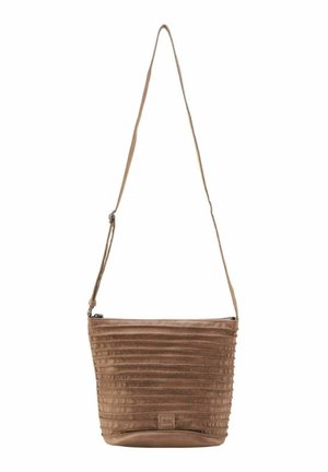 Brown textured crossbody bag featuring a ribbed design, a flat base, and a slim adjustable strap for convenience.