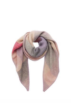 Zachte wollen sjaal met gedempte beige, roze, paarse en grijze kleurvlakken, losjes geknoopt op een witte achtergrond.