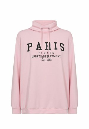 Pinker Pullover mit hohem Kragen und Kordelzügen, mit fettem schwarzem Text: "PARIS FRANCE SPORTS DEPARTMENT EST. 1992." Locker sitzende, lange Ärmel.