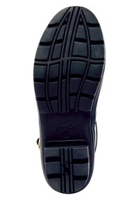 Semelle de chaussure en caoutchouc noir avec des motifs de crampons horizontaux et verticaux. Logo "Joules" embossé près du talon. Fini lisse, design plat.