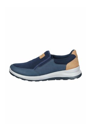 Navy blue slip-on sneaker with mesh upper, tan leather heel patch, white midsole, and black outsole.