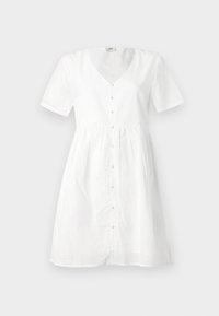 Bílé bavlněné šaty s krátkým rukávem, V-výstřihem, předním zapínáním na knoflíky a květinovými detaily z očkování. Šaty mají rozšířený střih sukně.