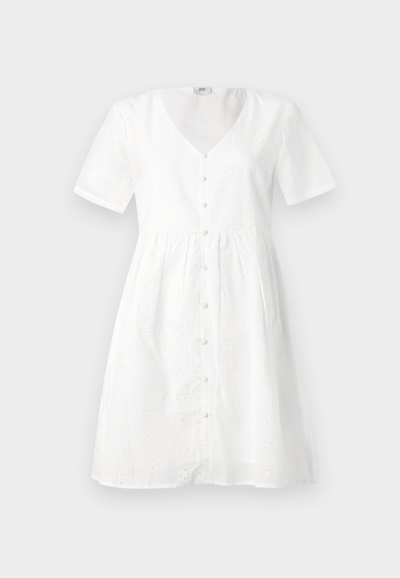 White cotton short-sleeve dress with a V-neck, button-down front, and floral eyelet details. Flared skirt style.