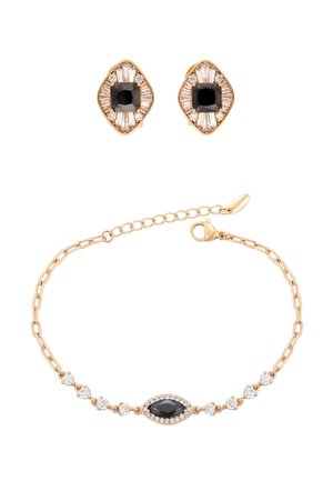 Komplet biżuterii z różowego złota, który obejmuje kolczyki wiszące z czarnymi i przezroczystymi kamieniami oraz pasującą bransoletkę z centralnym czarnym kamieniem.