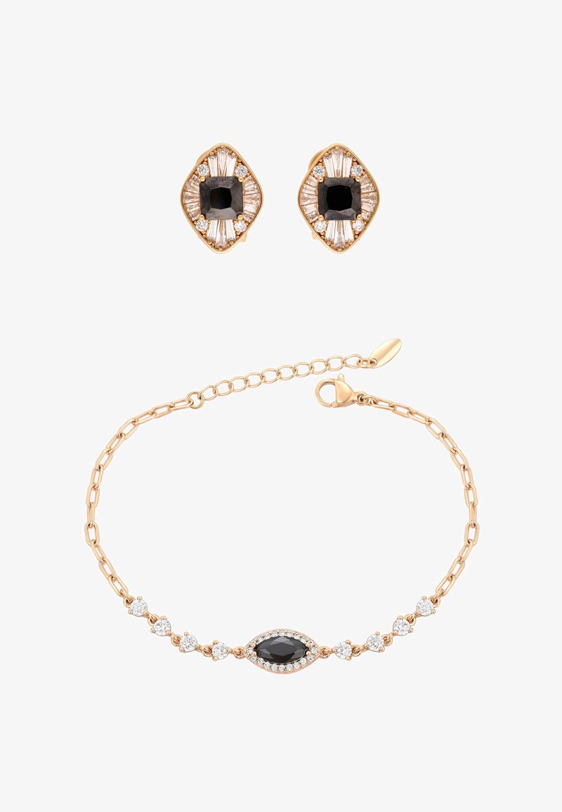 Smykkesæt i rosaguldfarve, der inkluderer dråbeørestikker med sorte og klare stenaccent og et matchende armbånd med en central sort sten.