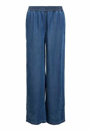 Pantalon en denim bleu à jambes larges avec taille élastique et broderie florale près de l'ourlet inférieur de chaque jambe.