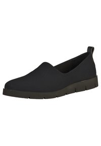 Chaussure plate noire à enfiler avec un bout arrondi, une languette à l'arrière et une semelle épaisse segmentée.