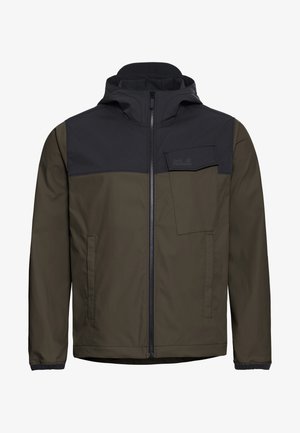 Giacca con cappuccio in verde oliva e nero, con zip frontale, tasca sul petto e polsini elasticizzati. Realizzata con un materiale liscio e resistente.