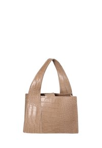 Borsa in pelle sintetica beige con motivo coccodrillo, dotata di due manici corti e curvi, forma quadrata e texture. Design minimalista, senza hardware visibile.