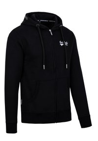 Schwarze Zip-Hoodie aus weichem Material, mit einer Fronttasche, verstellbarem Kapuzenzug, gerippten Bündchen und einem kleinen Logo auf der Brust.
