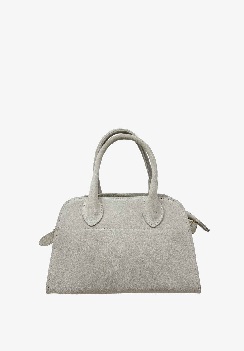Suède handtas in lichtgrijs, voorzien van twee korte handvatten, een ritssluiting en een gestructureerde rechthoekige vorm. Glad oppervlak met minimale accenten.