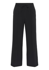 Pantalon large noir en tissu lisse, avec une taille élastique et un cordon de serrage pour un ajustement réglable.