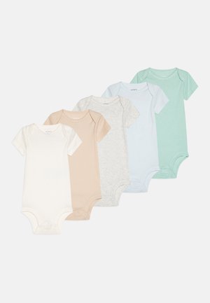 Öt rövid ujjú bodysuit, színek: fehér, bézs, szürke, világoskék és menta. Ráncos textúrával és alul patentos záródással.