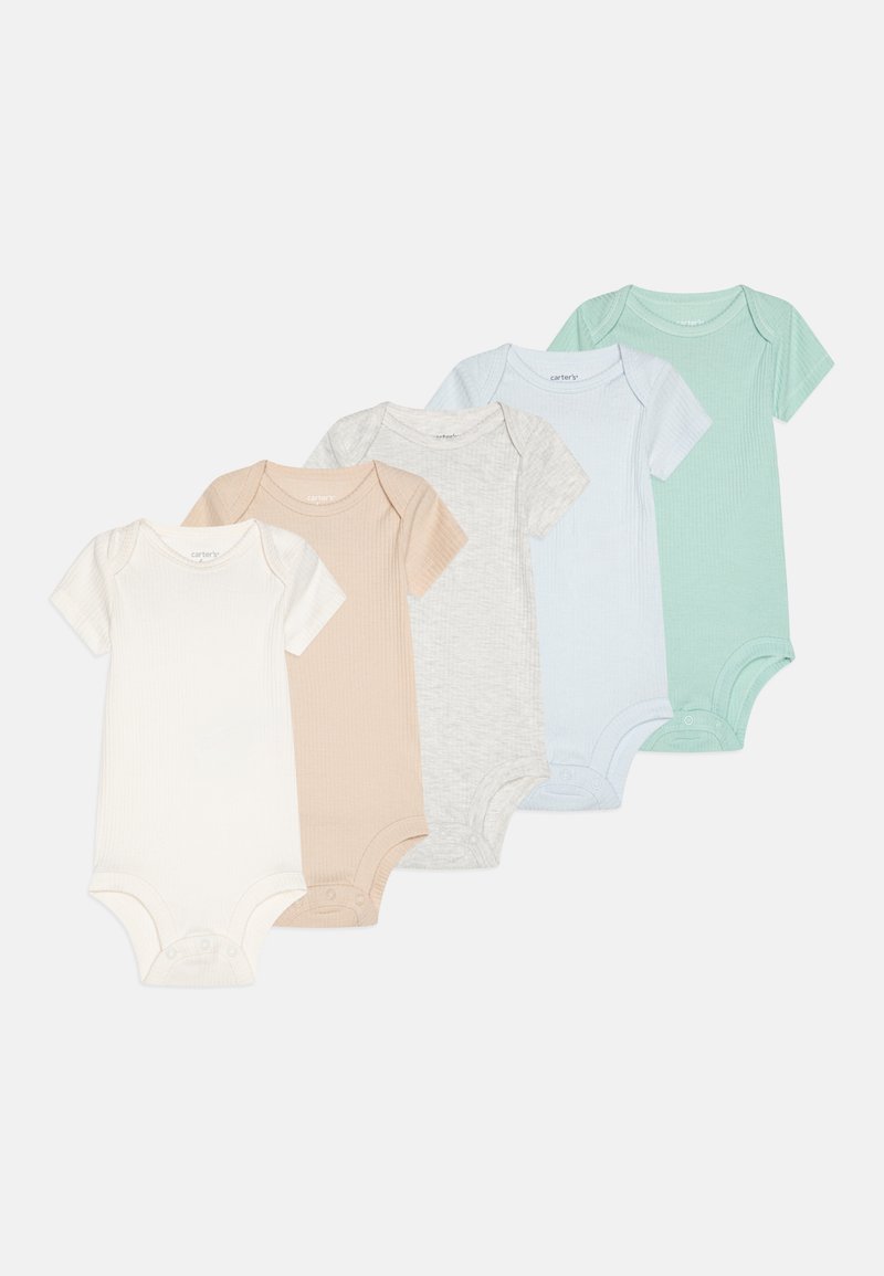 Cinque body a manica corta nei colori: bianco, beige, grigio, azzurro chiaro e menta. Tessuto a coste con chiusure a scatto sul fondo.