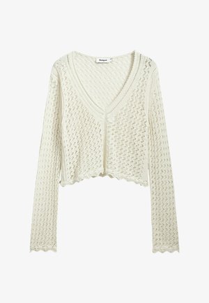 Geknipte, lange mouwen cardigan in off-white, met een v-hals, open breipatroon en golvende randen langs de onderkant en mouwen.