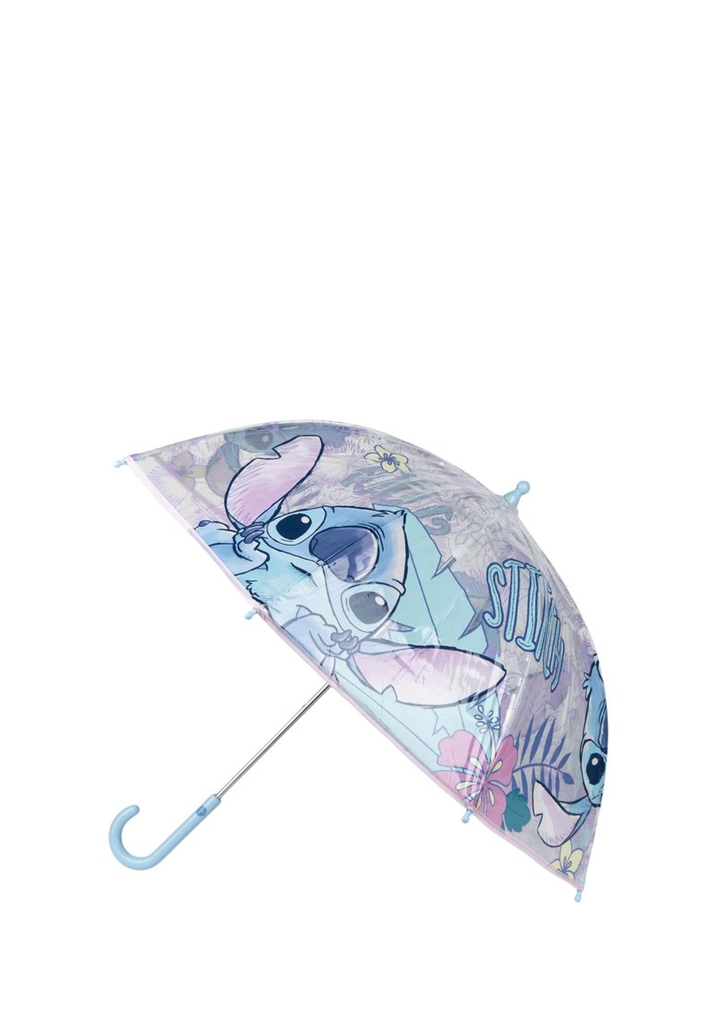 Ombrello per bambini con manico blu, caratterizzato da grandi illustrazioni del personaggio Stitch, fiori e il testo "STITCH" su una canopy traslucida.