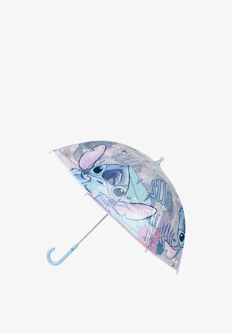 Ombrello per bambini con manico blu, caratterizzato da grandi illustrazioni del personaggio Stitch, fiori e il testo "STITCH" su una canopy traslucida.